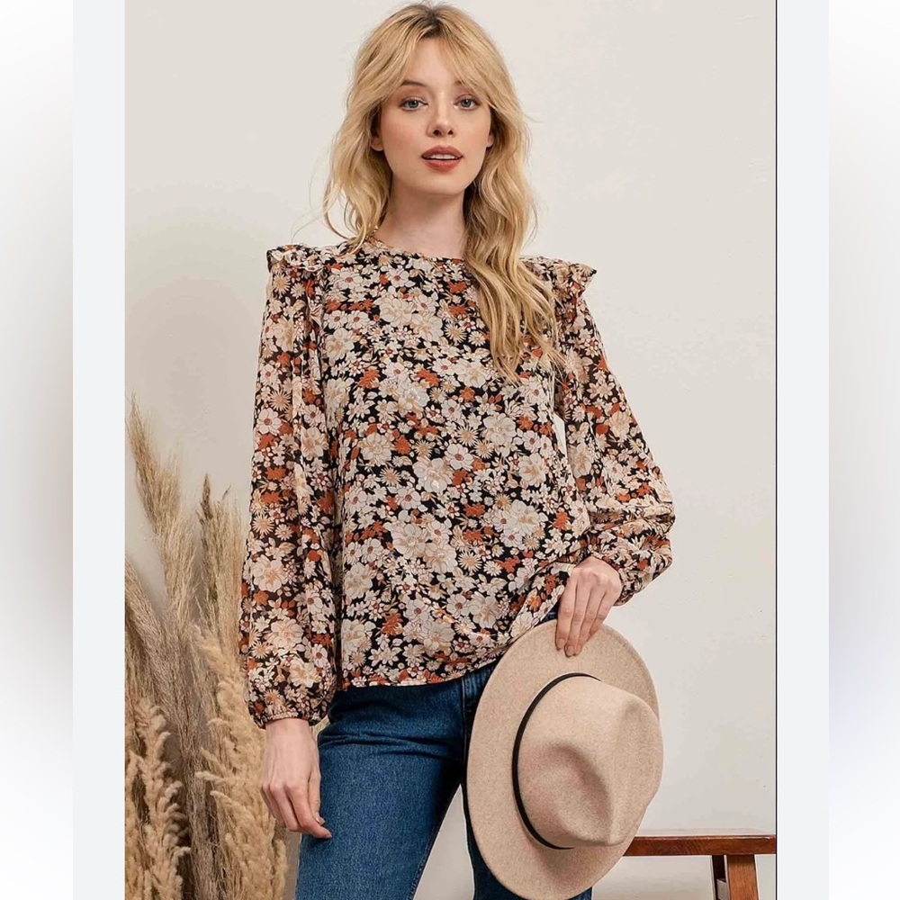 E & M Floral Ruffle Blouse Tan Woven Lined Balloon Long Sleeve Pullover Top S‎